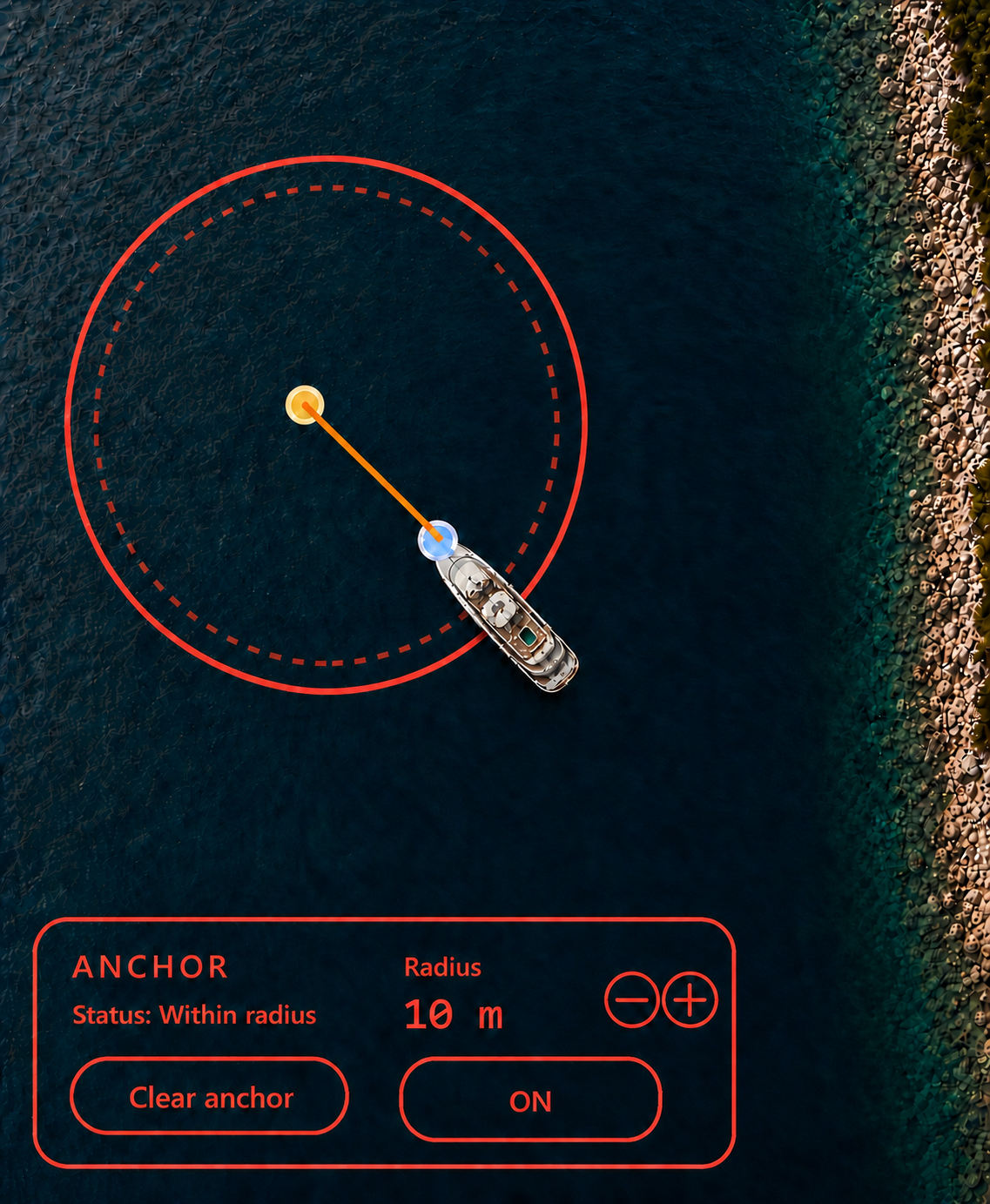 YFP Anchor Watch showing a vessel, its anchor radius, and a nearby rocky shoreline