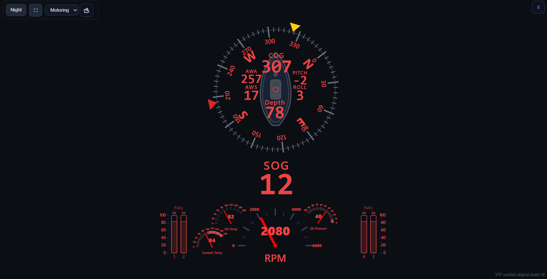 YFP dashboard in night motoring mode