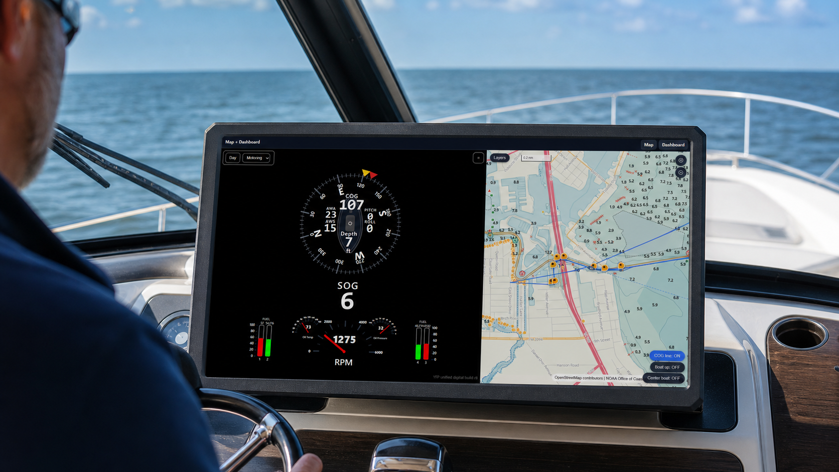 Crows Nest Chartplotter showing navigation and vessel information together at the helm